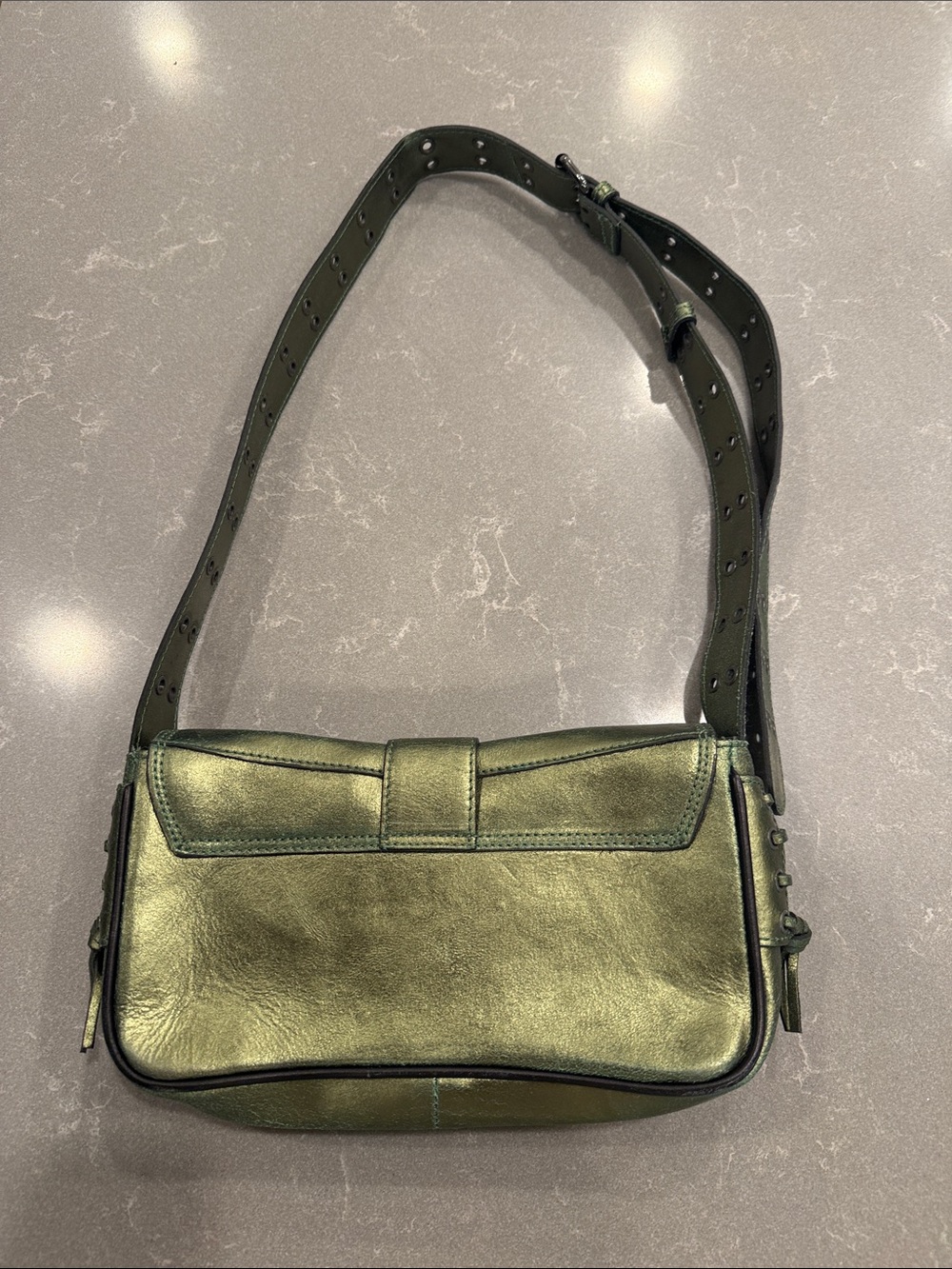 Leather Free People Olive Green Metallic Crossbody Shoulder Bag - Picture 6 of 8